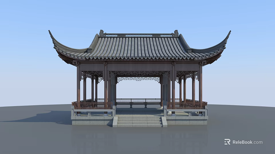 Traditional Chinese Pavilion With Overhanging Eaves Tiled Roof And Carved Railings 3d model 