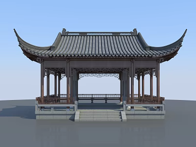 Traditional Chinese Pavilion With Overhanging Eaves Tiled Roof And Carved Railings 3d model