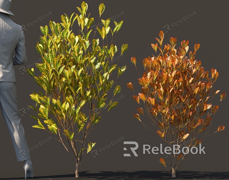 Shrubs, green plants, multicolored flowers, small trees model