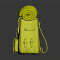 Orange Backpack With Green Rolled Item Yellow Embroidery And Small Pockets