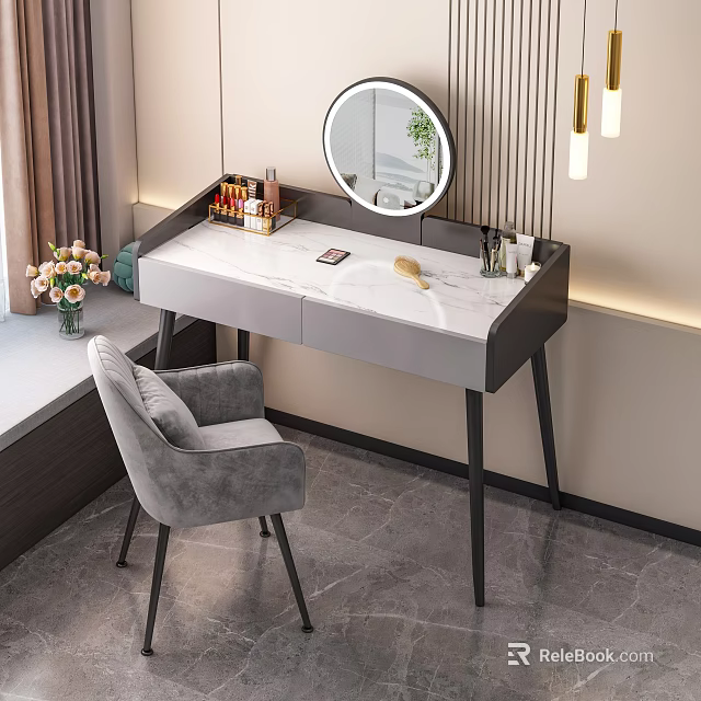 Modern Dressing Table With Marble Top Round Mirror And Gray Chair 3d model 