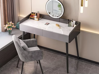 Modern Dressing Table With Marble Top Round Mirror And Gray Chair 3d model