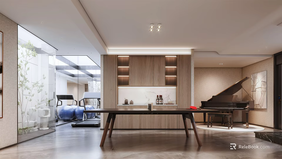 Modern Basement Interior Design with Fitness Equipment Piano and Wooden Cabinets 3d model 