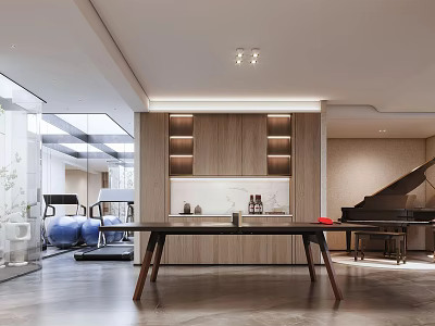 Modern Basement Interior Design with Fitness Equipment Piano and Wooden Cabinets 3d model