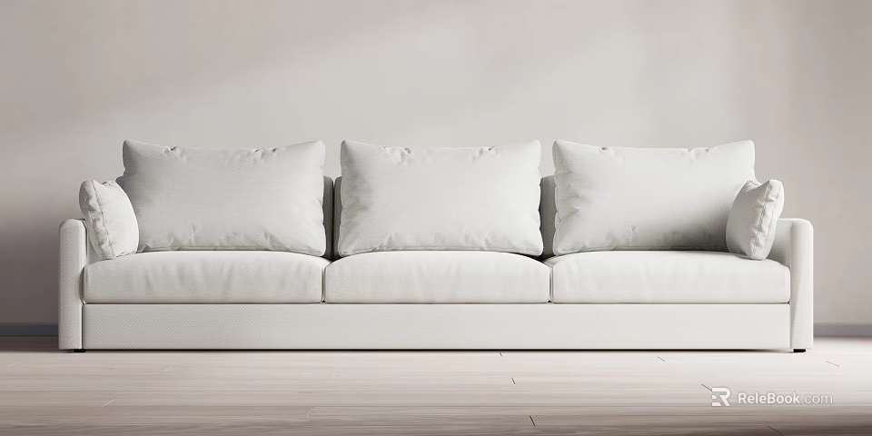 Modern White Three Seater Sofa In Minimalist Interior With Soft Cushions And Wooden Floor 3d model 