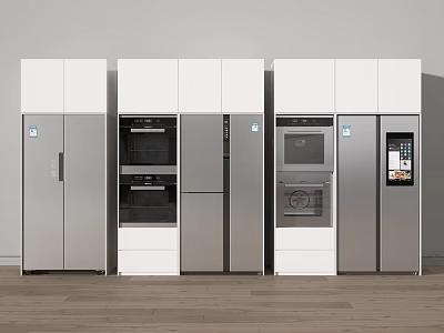 Modern Kitchen Refrigerators and Freezers with Silver White Built in Cabinets 3d model