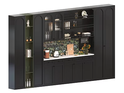 Modern Black Sideboard With Glass Doors Open Shelves White Countertop And Decorations 3d model