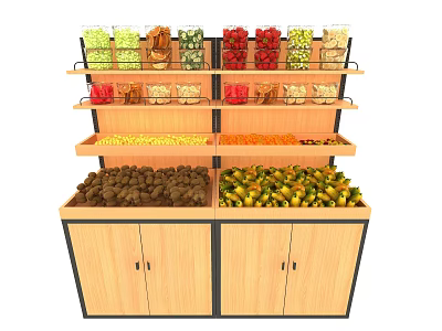 Retail Display Shelving with Fresh Fruits Vegetables and Produce on Multiple Layers and Wooden Cabinets 3d model