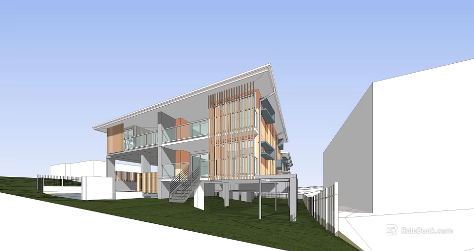 Modern Single Family House Exterior With Large Glass Windows Wooden Lattice Lawn And Staircase 3d model 