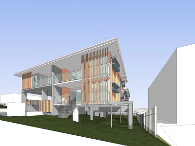 Modern Single Family House Exterior With Large Glass Windows Wooden Lattice Lawn And Staircase 3d model