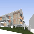 Modern Single Family House Exterior With Large Glass Windows Wooden Lattice Lawn And Staircase