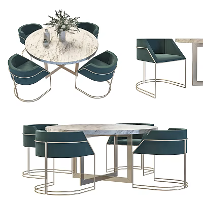 Modern Dining Table Set With Marble Tabletop Green Velvet Chairs And Metal Frame 3d model