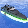Light Green And Black Yacht Floating On Blue Sea With Open Deck And Upper Structure