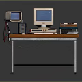 Vintage Computer Desk With Wooden Top Metal Frame Monitor CPU Tower And Equipment