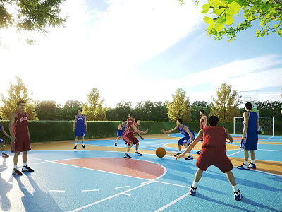 Outdoor Basketball Court With Players And Trees On Sunny Day 3d model