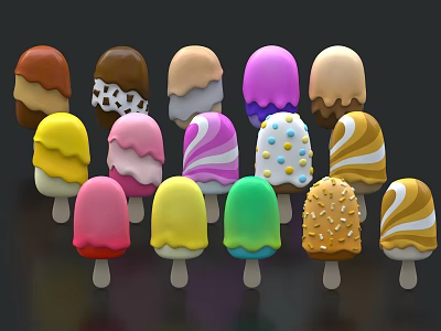 Tasty Collection of Colorful Popsicles Featuring Various Flavors And Decorative Toppings 3d model