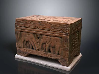 Intricately Carved Wooden Chest With Elephant Motifs On White Base Dark Background 3d model