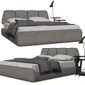 Modern Double Bed With Grey Upholstered Headboard White Mattress Pillows And Black Floor Lamp