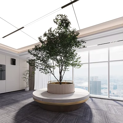 Unique Shaped Sofa In Modern Office With Tree And City View 3d model
