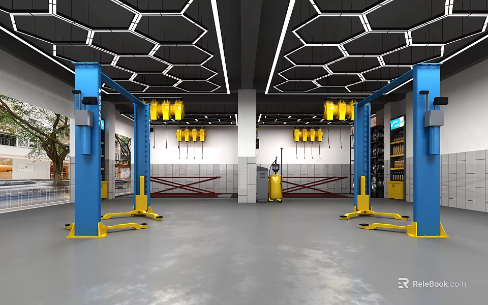 Auto Repair Shop Interior With Blue Lifts Yellow Equipment Gray Floor And Hexagonal Ceiling 3d model 