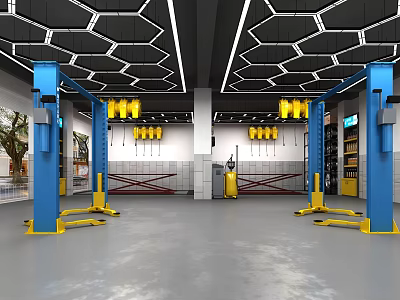 Auto Repair Shop Interior With Blue Lifts Yellow Equipment Gray Floor And Hexagonal Ceiling 3d model