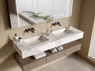 Bathroom Vanity With Double Sinks Marble Countertop Wooden Cabinet And Wall Mirror 3d model