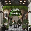 Elegant Nature Themed Hotel Lobby With Lush Green Plants Arched Decor And Warm Ambient Lighting