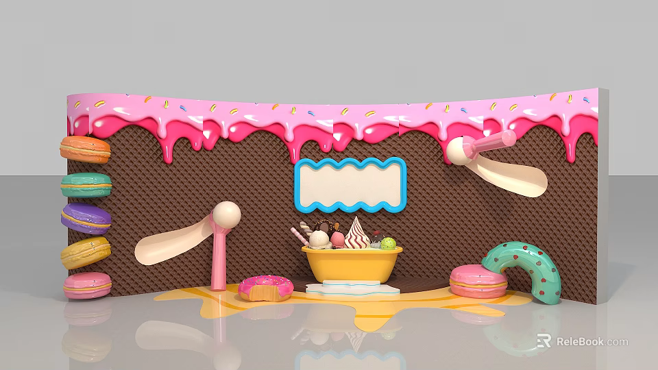 Vibrant Dessert Setup With Waffle Backdrop Pink Frosting Drips Ice Cream Bowl Donuts Macarons 3d model 