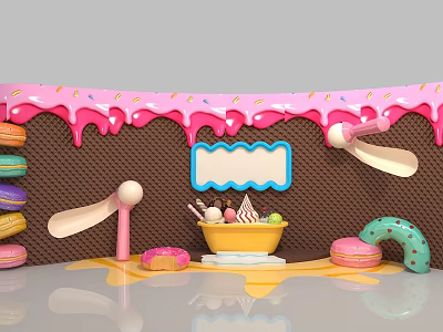 Vibrant Dessert Setup With Waffle Backdrop Pink Frosting Drips Ice Cream Bowl Donuts Macarons 3d model