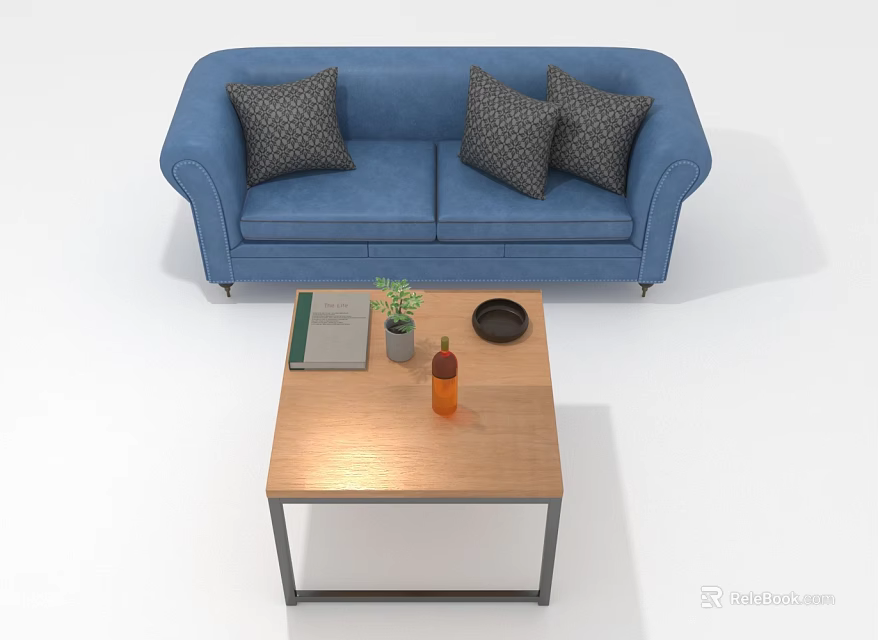People Relaxing Together on Blue Sofa With Three Gray Pillows and Wooden Coffee Table 3d model 