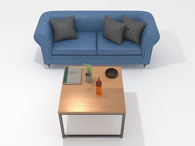 People Relaxing Together on Blue Sofa With Three Gray Pillows and Wooden Coffee Table 3d model