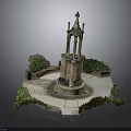 Decorative Tower Model With Circular Paved Ground And Surrounding Green Plants