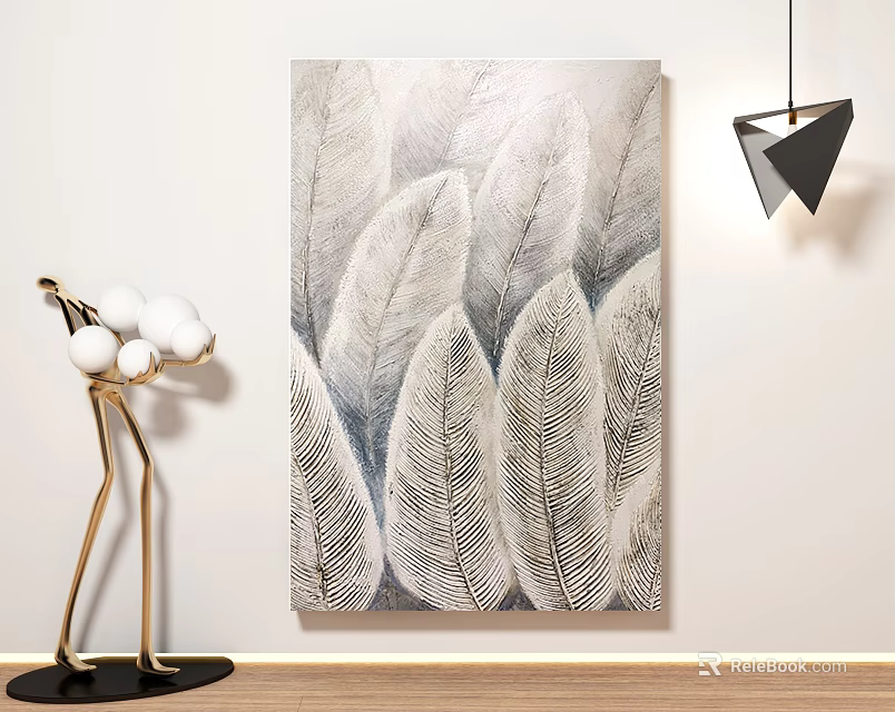 Modern Interior With Feather Painting Metal Stand And Geometric Pendant Light 3d model 