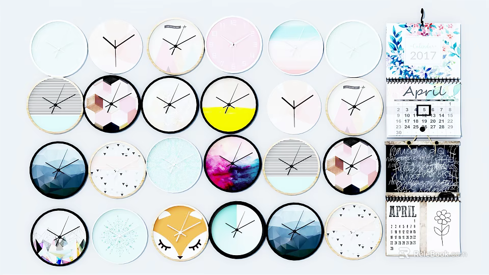 Various Artistic Colorful Round Wall Clocks With Decorative Patterns And Calendar 3d model 