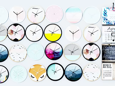 Various Artistic Colorful Round Wall Clocks With Decorative Patterns And Calendar 3d model