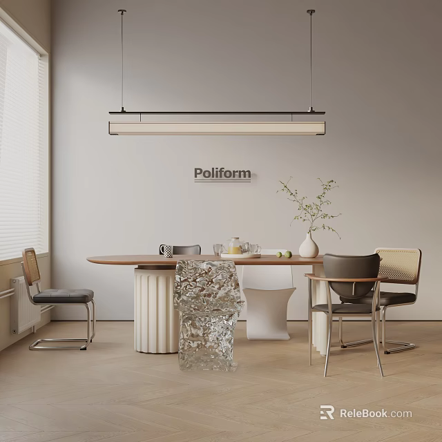 Modern Poliform Dining Table Set With Wooden Top Chairs Vase And Pendant Light 3d model 
