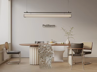 Modern Poliform Dining Table Set With Wooden Top Chairs Vase And Pendant Light 3d model