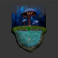 Magical Cartoon Scene Featuring Floating Island Colorful Tree Mushrooms Water Stream And Little Girl