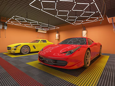 Sports Car Showroom Featuring Yellow And Red Cars Geometric Lighting Grid Floor Orange Walls 3d model