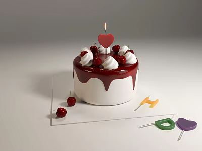 White Cake With Red Drizzle Topped With Whipped Cream Cherries Heart Decoration And Candle 3d model