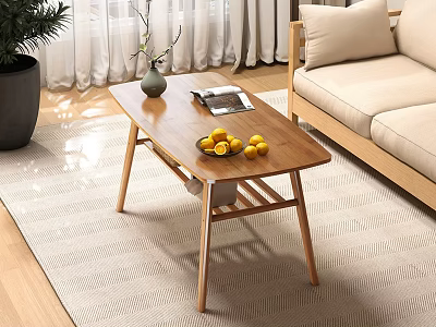 Modern Wooden Coffee Table In Living Room With Lemons Magazine And Vase 3d model