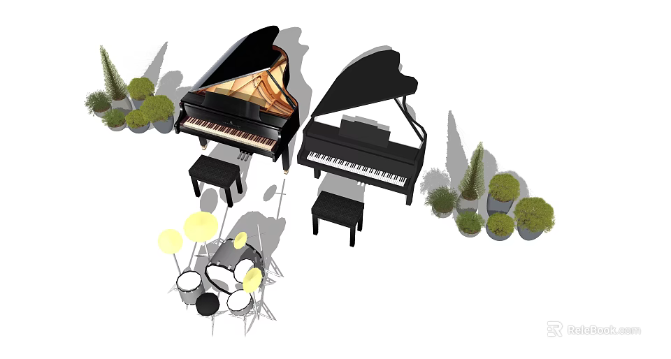 Black Grand Pianos And Drum Set With Piano Stools And Green Potted Plants 3d model 