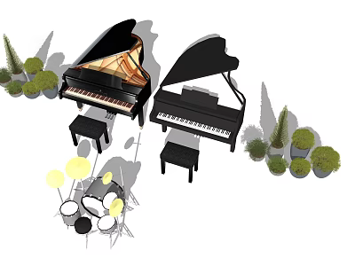 Black Grand Pianos And Drum Set With Piano Stools And Green Potted Plants 3d model