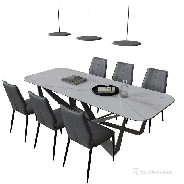 Modern Dining Table Set With White Marble Top Grey Chairs And Pendant Lights 3d model