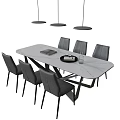 Modern Dining Table Set With White Marble Top Grey Chairs And Pendant Lights 3d model