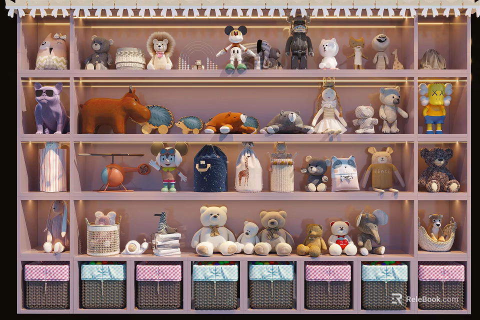Colorful Plush Stuffed Animals Display on Multi Layer Shelves With Various Styles And Storage Baskets 3d model 