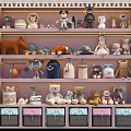 Colorful Plush Stuffed Animals Display on Multi Layer Shelves With Various Styles And Storage Baskets