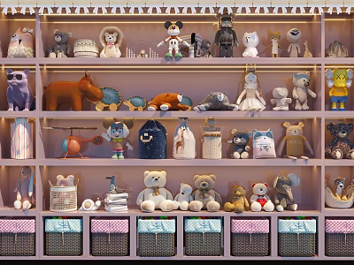 Colorful Plush Stuffed Animals Display on Multi Layer Shelves With Various Styles And Storage Baskets 3d model
