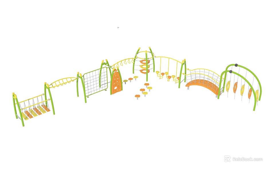 Colorful Outdoor Playground Equipment With Climbing Net Slide Swings And Bridge 3d model 