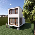Two Story White Detached House With Large Windows Green Lawn And Trees